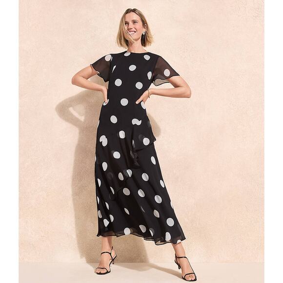 Loft Dotted Flounce Maxi Dress Womens S/M polka dot flutter Sleeve Romantic - Picture 1 of 16
